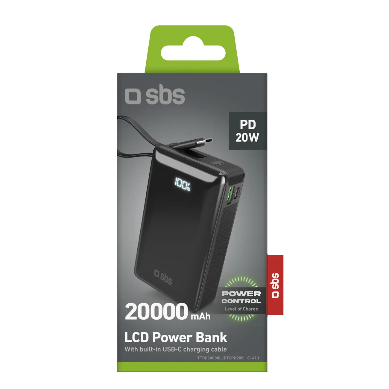 20000 mAh-s USB-A és USB-C power bank beépített kijelzővel és 20 W-os USB-C kábellel – fekete 2