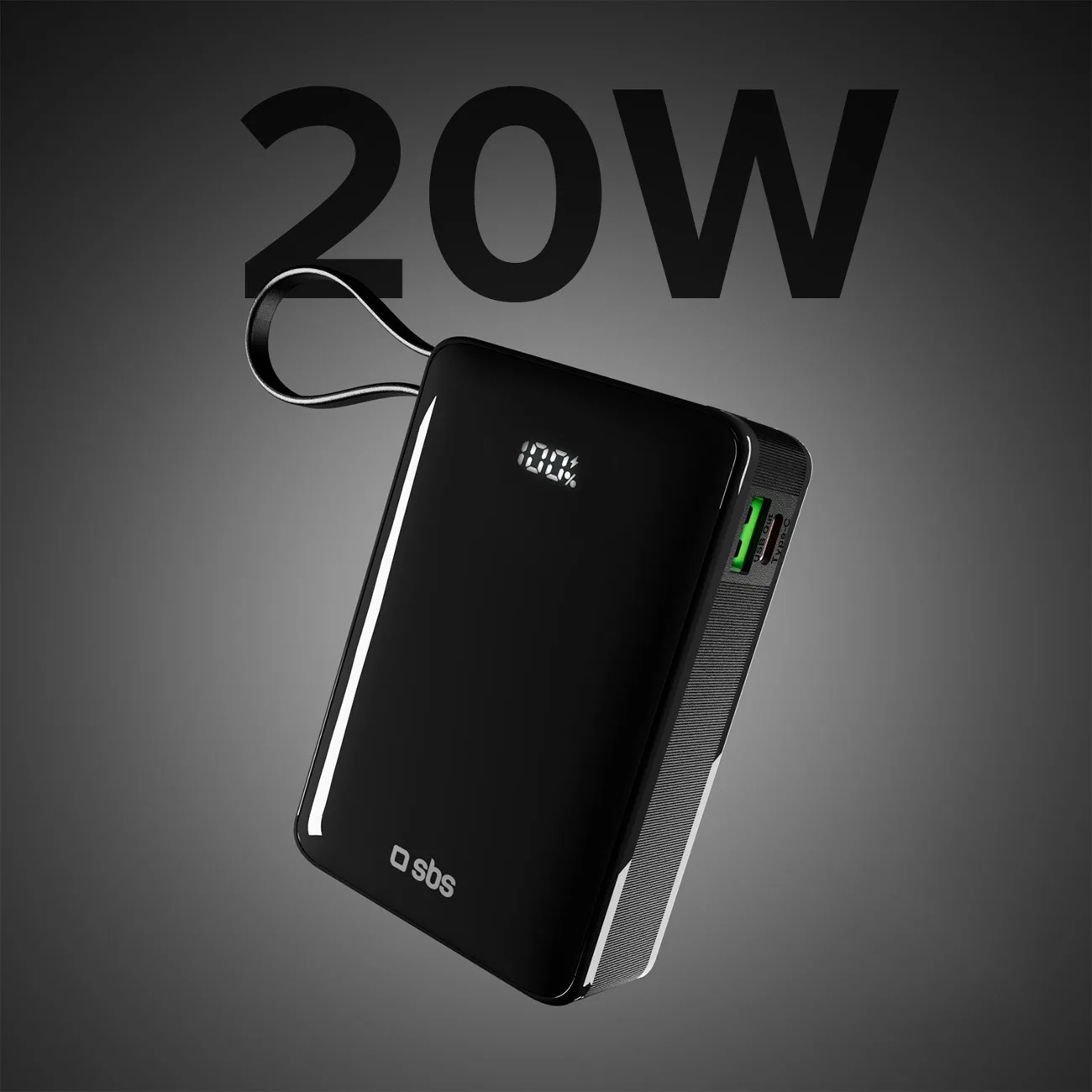 20000 mAh-s USB-A és USB-C power bank beépített kijelzővel és 20 W-os USB-C kábellel – fekete 4