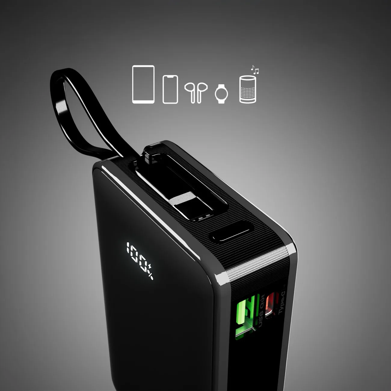 20000 mAh-s USB-A és USB-C power bank beépített kijelzővel és 20 W-os USB-C kábellel – fekete 6