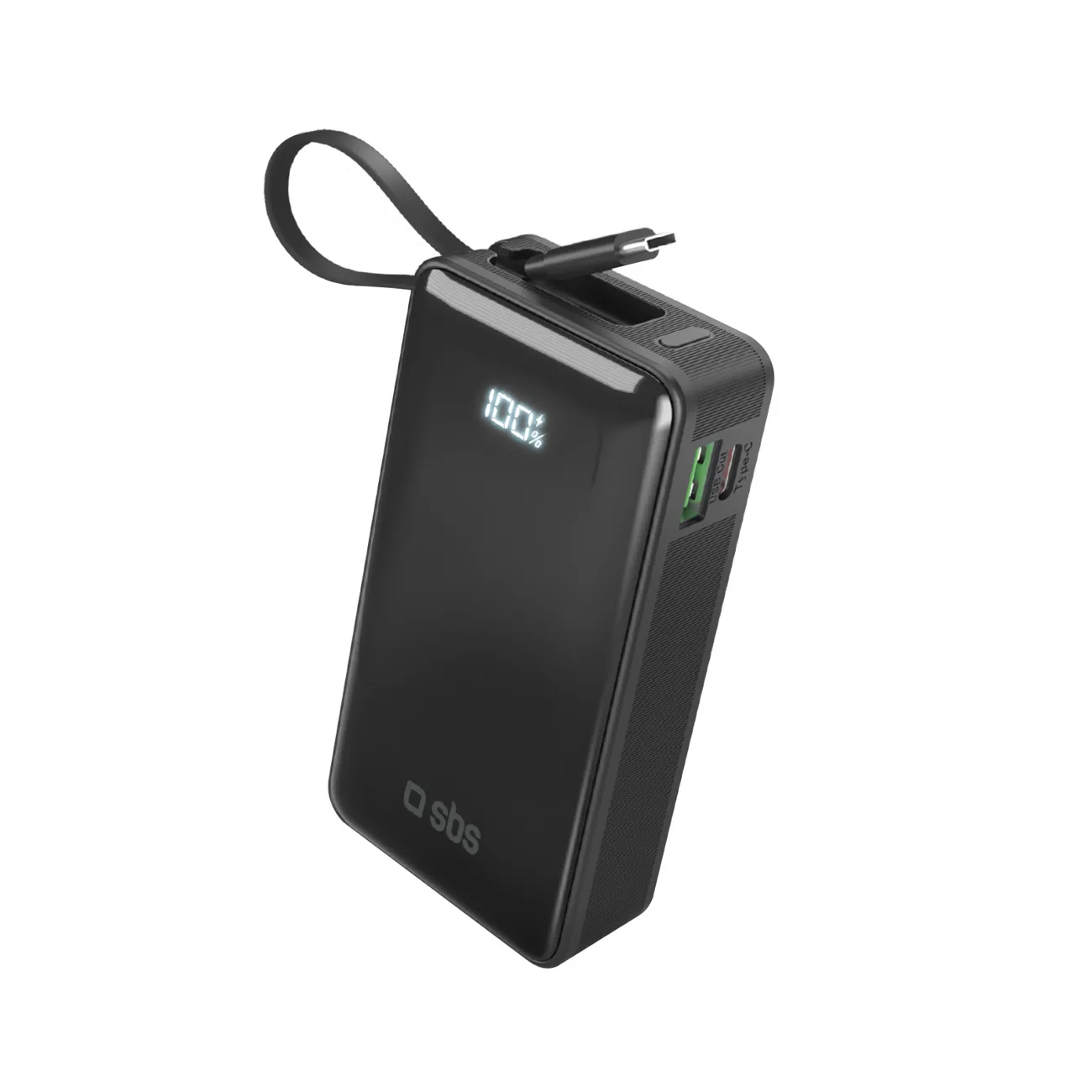 10000 mAh-s USB-A és USB-C power bank beépített kijelzővel és 20 W-os USB-C kábellel – fekete