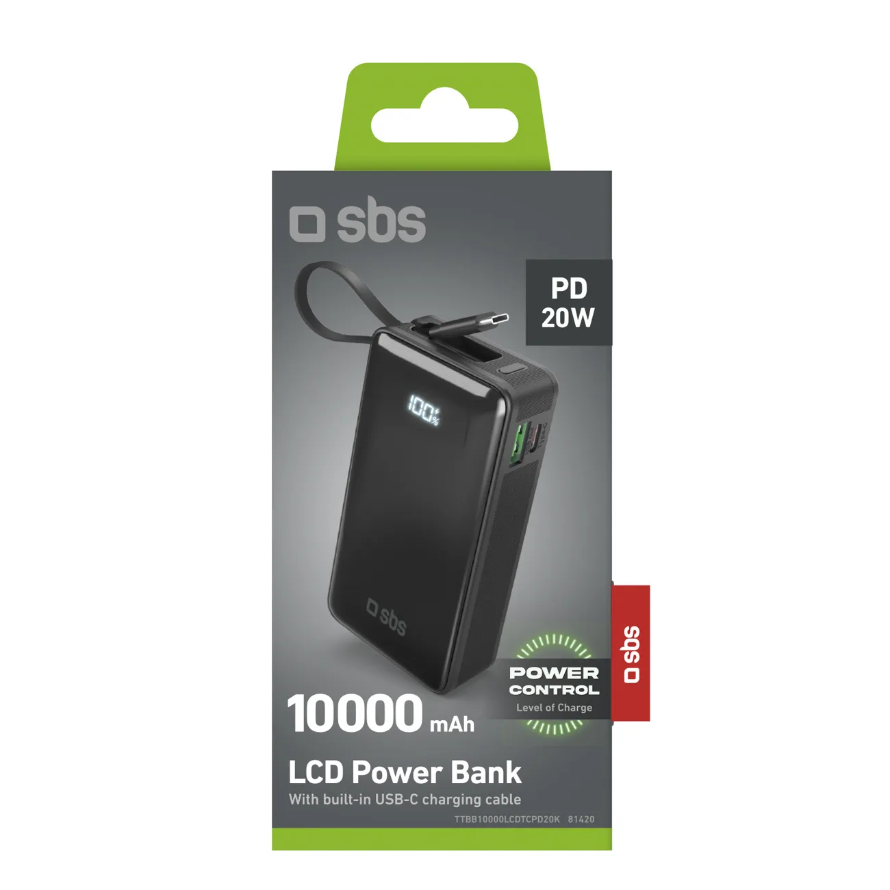 Power bank 10000mAh USB-A USB-C s ugrađenim zaslonom i kabelom USB-C 20W - crna 2
