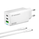 Încărcător de perete GaN USB-A la USB-C cu cablu USB-C, 65 W - Alb