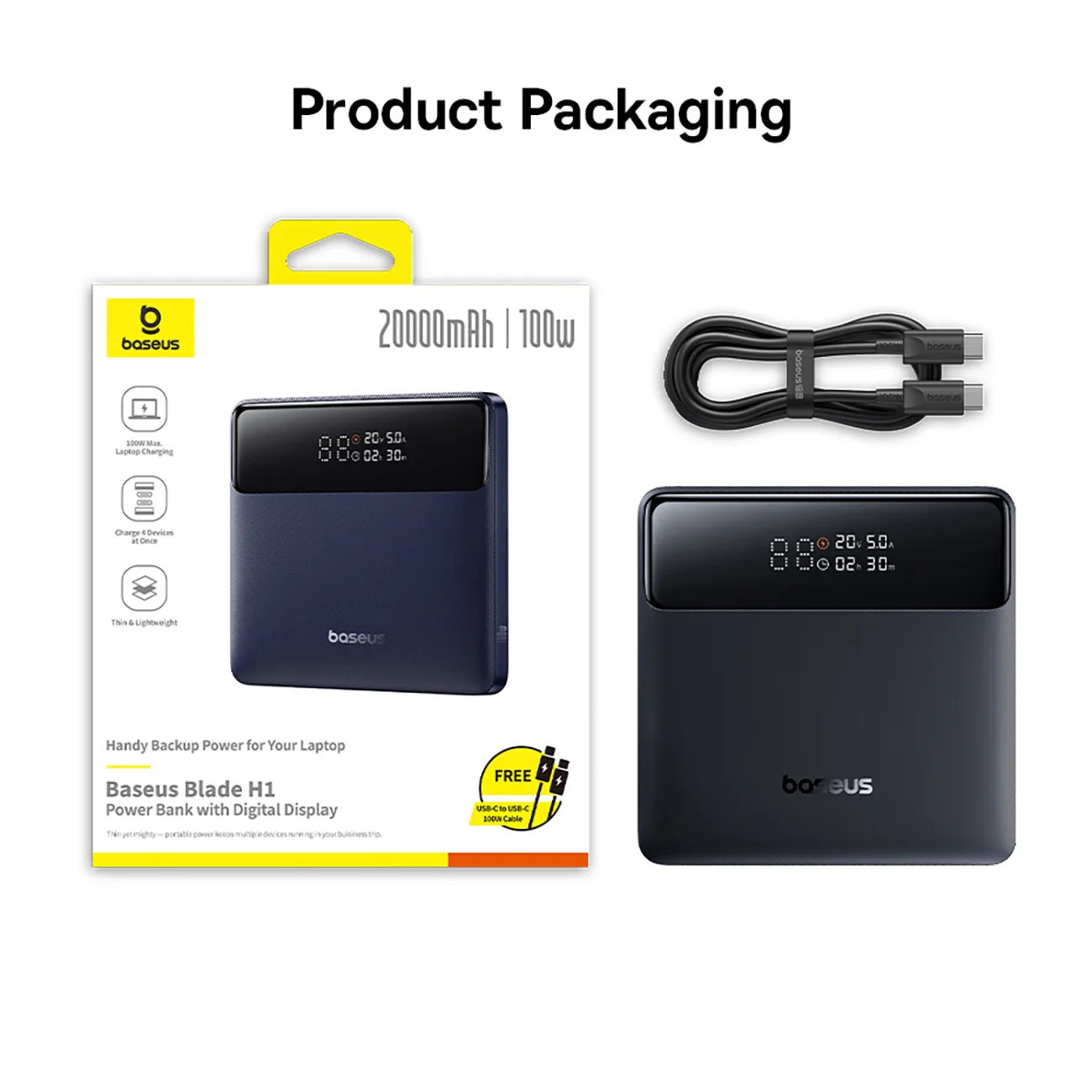 Blade H1 20000mAh Powerbank mit Display, USB-A, USB-C, 100W – Schwarz 6