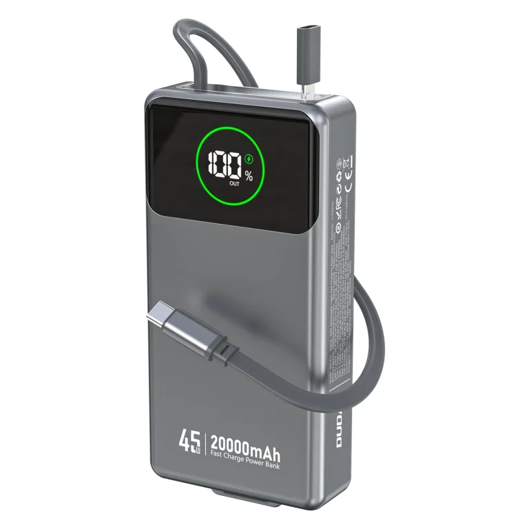 K31 Pro 20000 mAh-s powerbank behúzható 45 W-os USB-C kábellel – szürke
