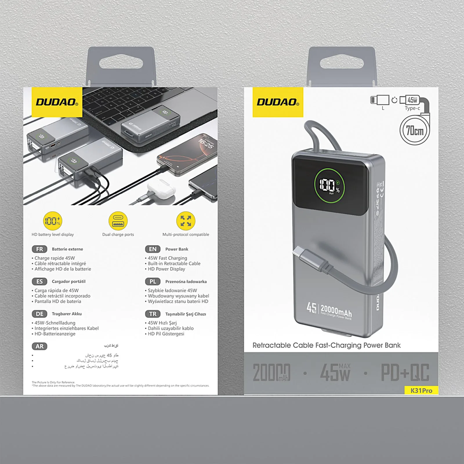 Powerbank K31 Pro 20000mAh ze zwijanym kablem USB-C 45W - szary 2