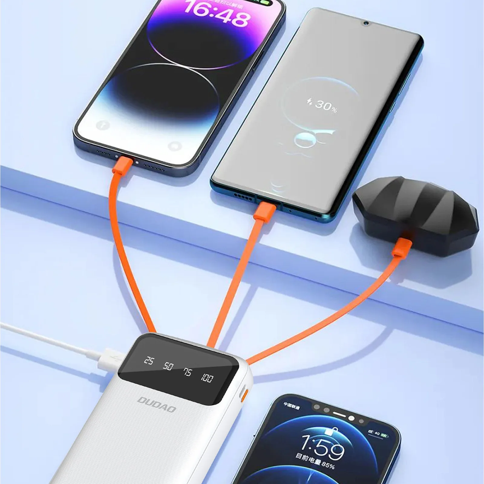 Powerbank K6Pro+ 20000mAh z wbudowanymi kablami USB-C microUSB iPhone Lightning - biały 2