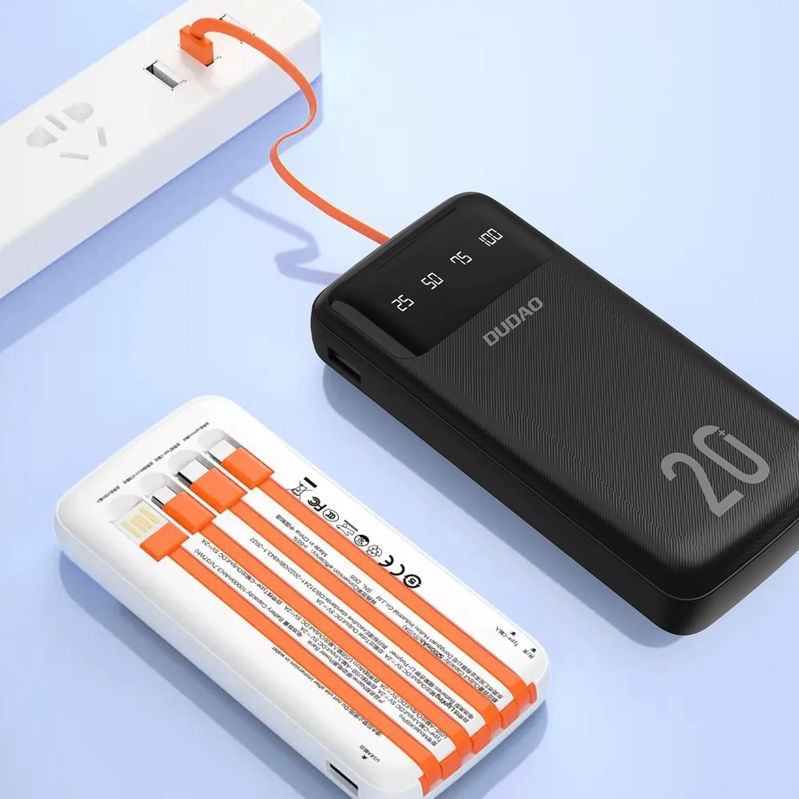 Powerbank K6Pro+ 20000mAh z wbudowanymi kablami USB-C microUSB iPhone Lightning - biały 3