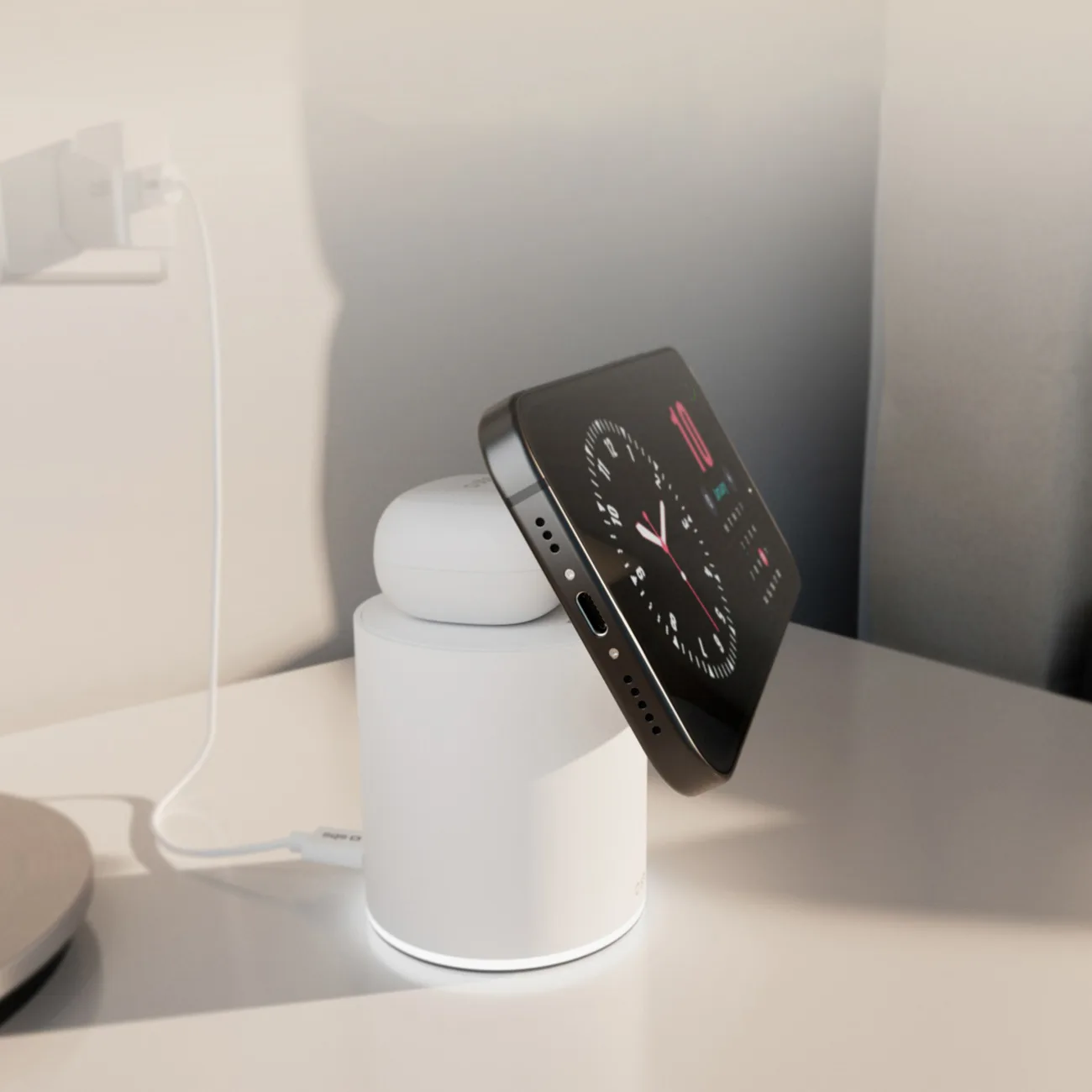 Bezdrôtová magnetická nabíjacie stanica 2 v 1 pre smartfóny a slúchadlá – biela 10