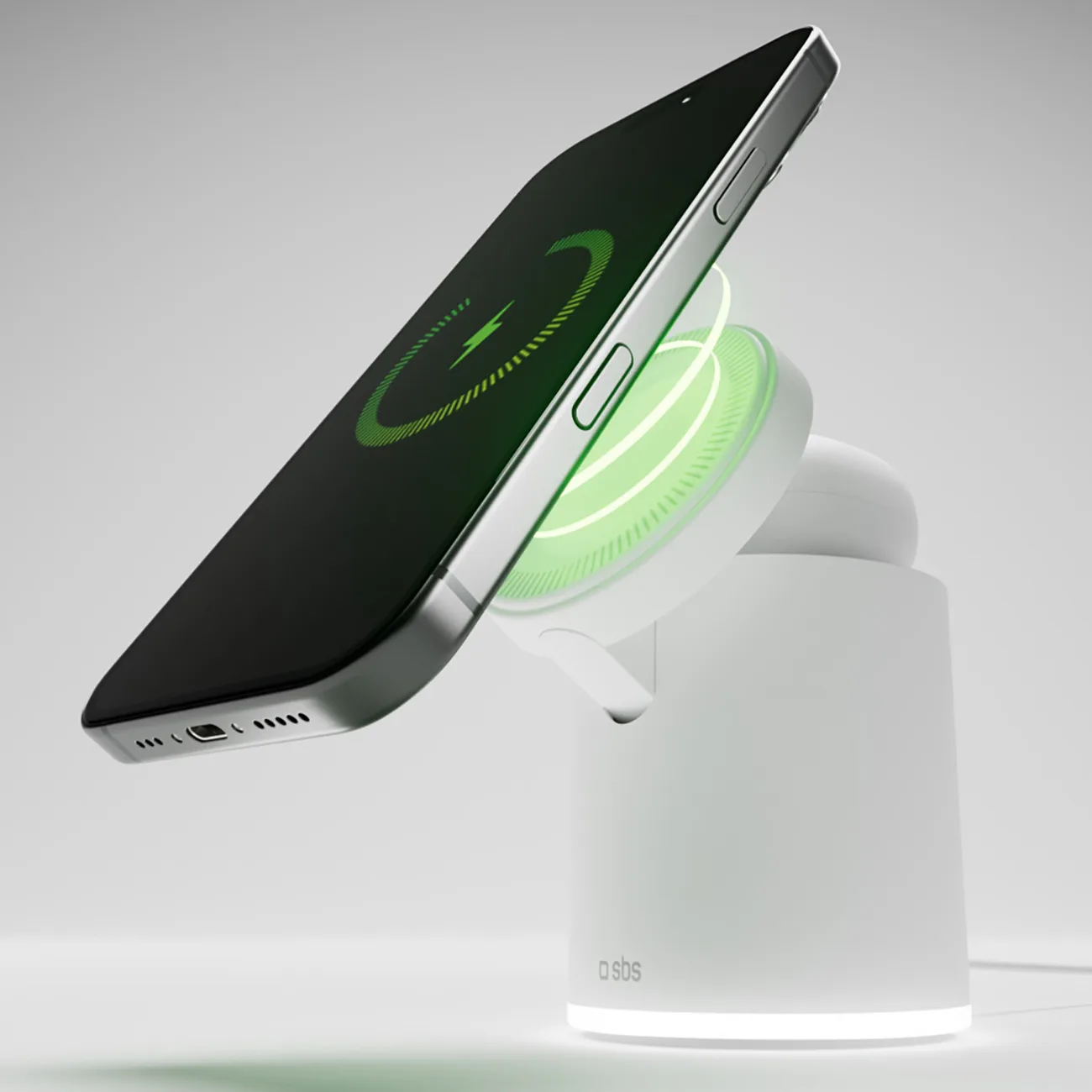 Bezdrôtová magnetická nabíjacie stanica 2 v 1 pre smartfóny a slúchadlá – biela 5