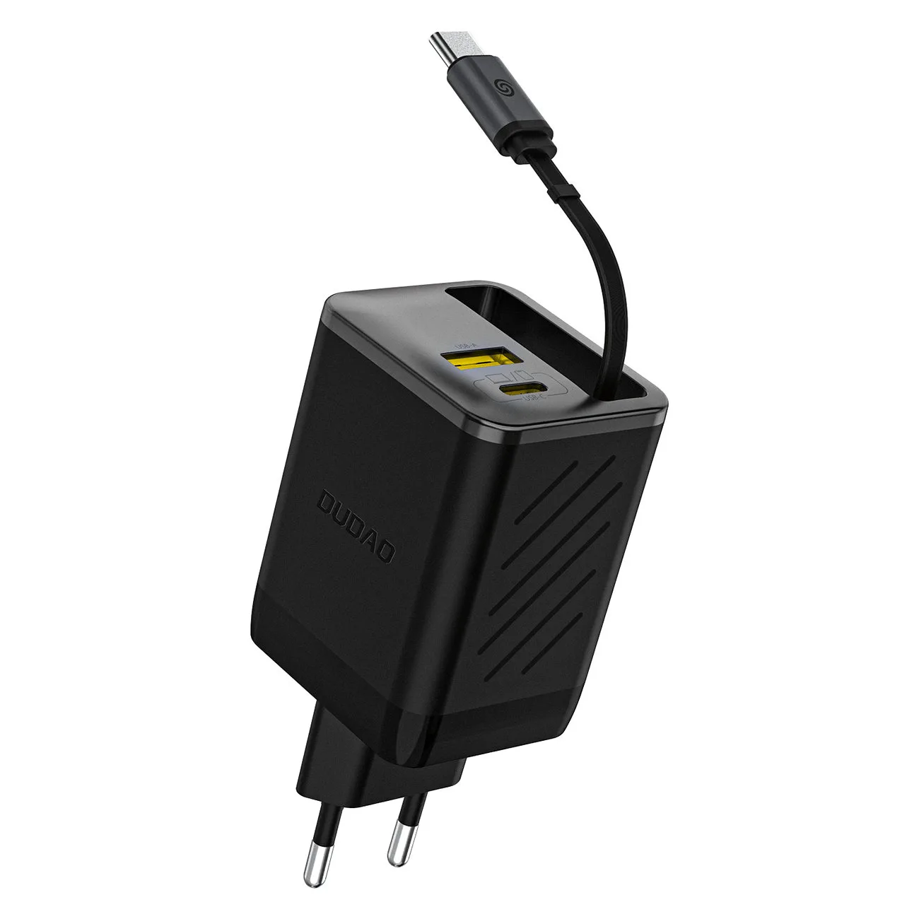 67-W-GaN-Wandladegerät (USB-A auf USB-C) mit einziehbarem USB-C-PD-QC-Kabel – Schwarz