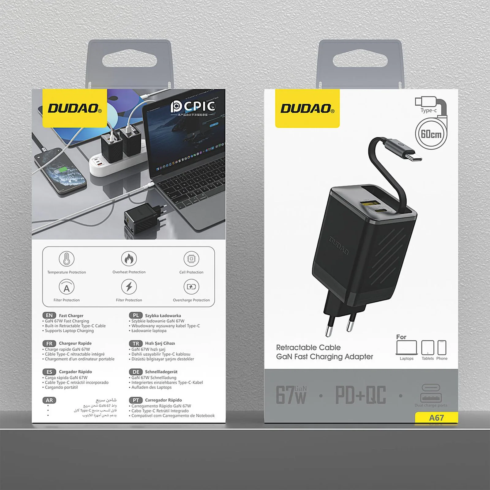67-W-GaN-Wandladegerät (USB-A auf USB-C) mit einziehbarem USB-C-PD-QC-Kabel – Schwarz 9