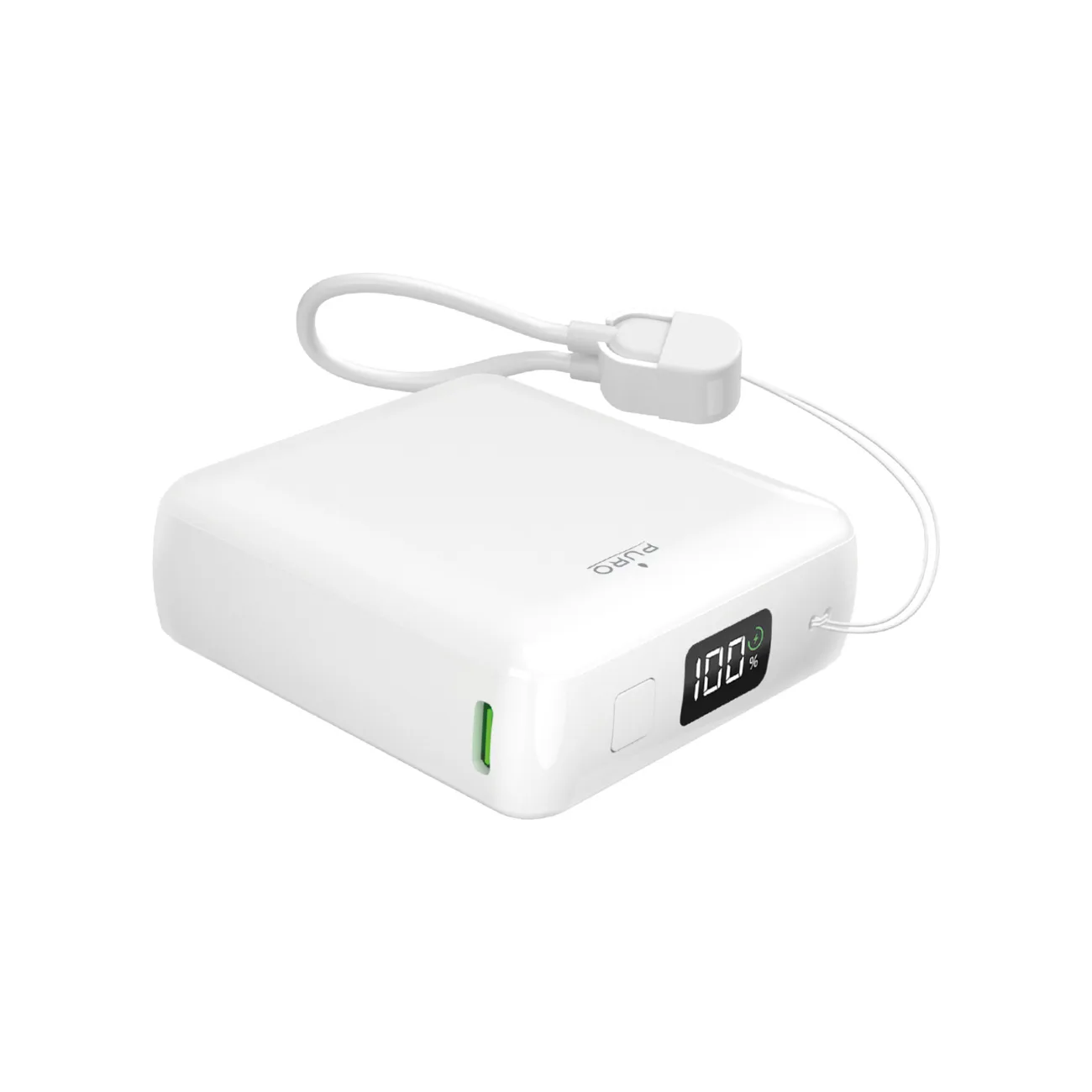 10000 mAh-s USB-A/USB-C power bank beépített kijelzővel és 20 W-os USB-C kábellel – fehér