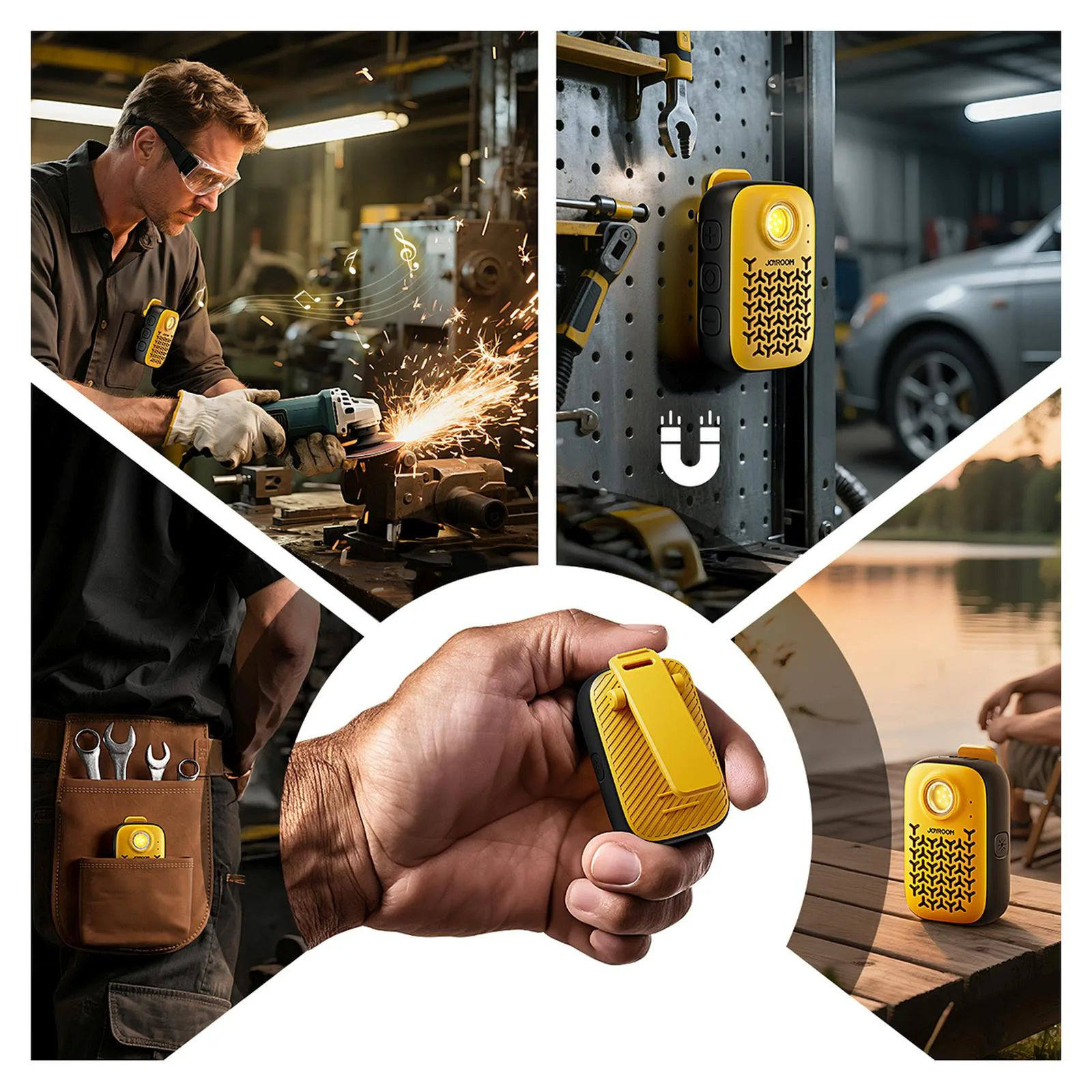 Difuzor portabil cu lanternă, magnet, clemă și Bluetooth, IP67 - galben 7
