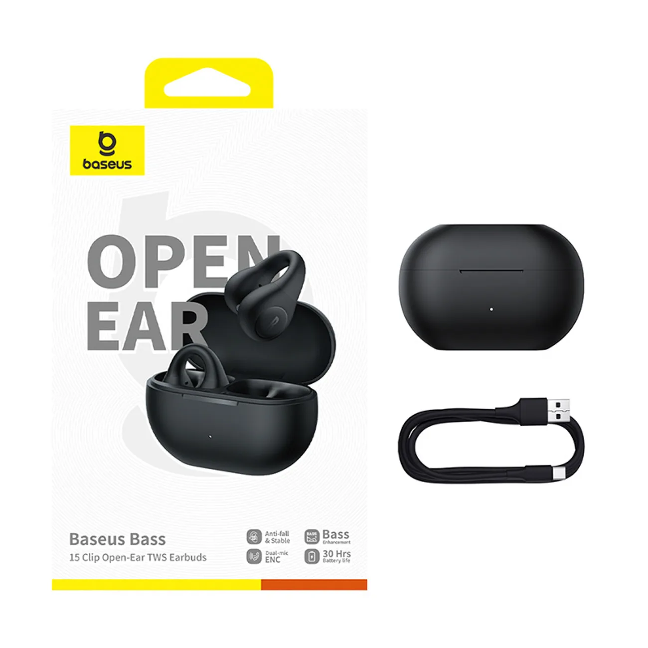 Bass 15 Clip OWS bežične slušalice za otvorena uha s USB-C kabelom - crne 8