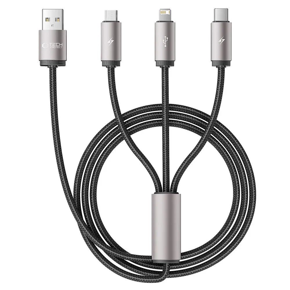 3 az 1-ben USB-A – Lightning / USB-C / micro USB kábel, 1 m, szürke
