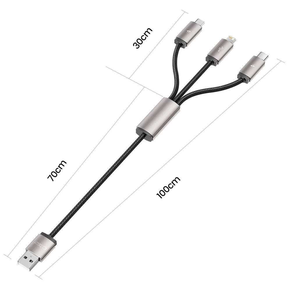 3-in-1 USB-A to Lightning / USB-C / micro USB Cable, 1 m, Gray 2