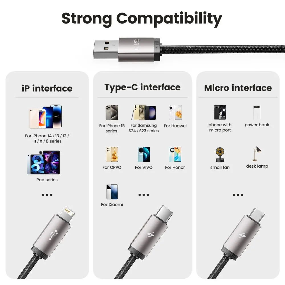 3-in-1 USB-A to Lightning / USB-C / micro USB Cable, 1 m, Gray 8