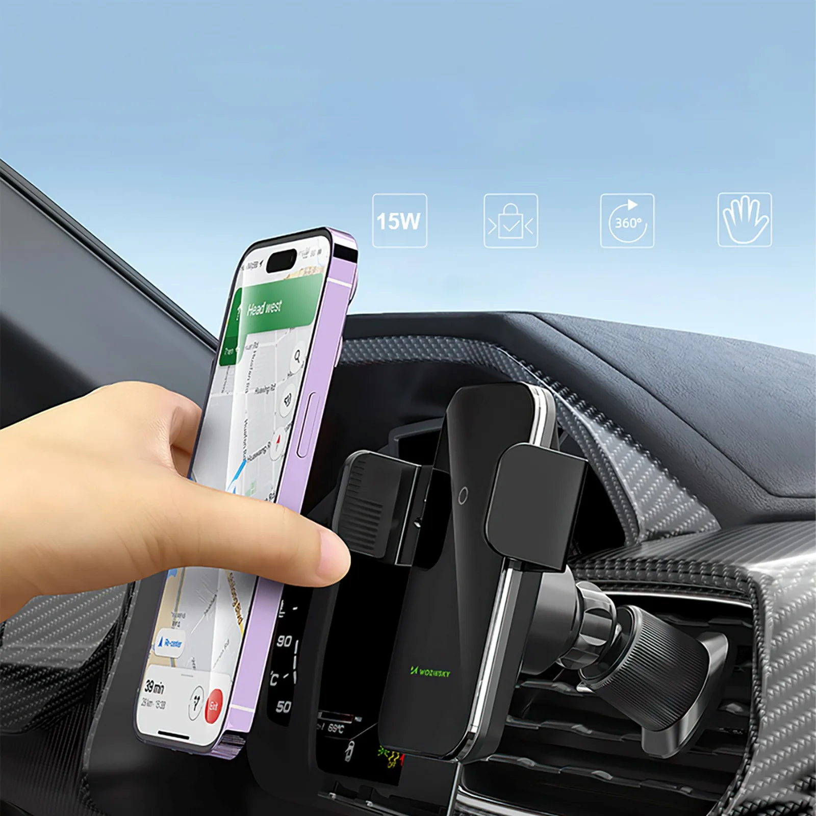 Klemmenhalterung für das Armaturenbrett mit 15-W-Wireless-Ladegerät – schwarz 7