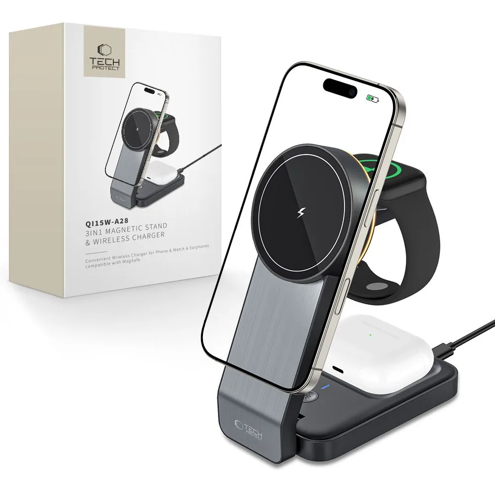 3 az 1-ben vezeték nélküli töltő állvánnyal okostelefonhoz, Apple Watch-hoz és AirPods MagSafe-hez – fekete