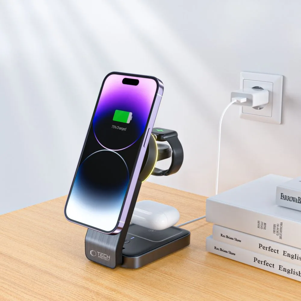 3-u-1 bežični punjač s postoljem za pametni telefon, Apple Watch i AirPods MagSafe - crna 7