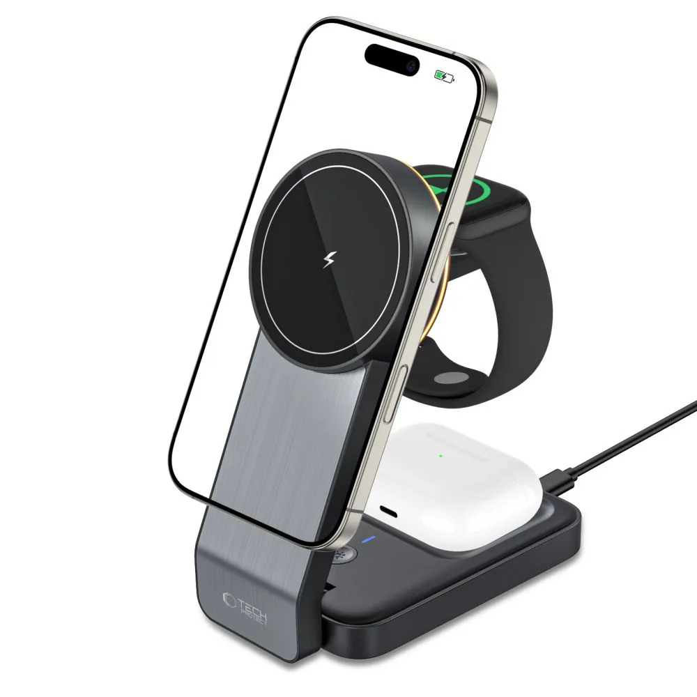 3-u-1 bežični punjač s postoljem za pametni telefon, Apple Watch i AirPods MagSafe - crna 9