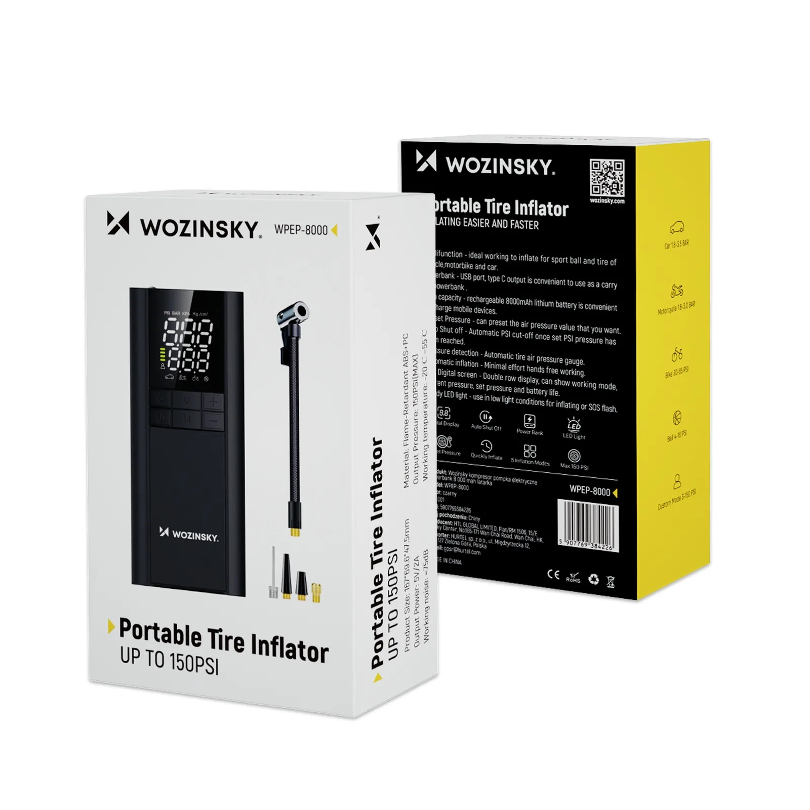 Kompresor pompka elektryczna powerbank latarka 150 PSI 8000mAh - czarny 8