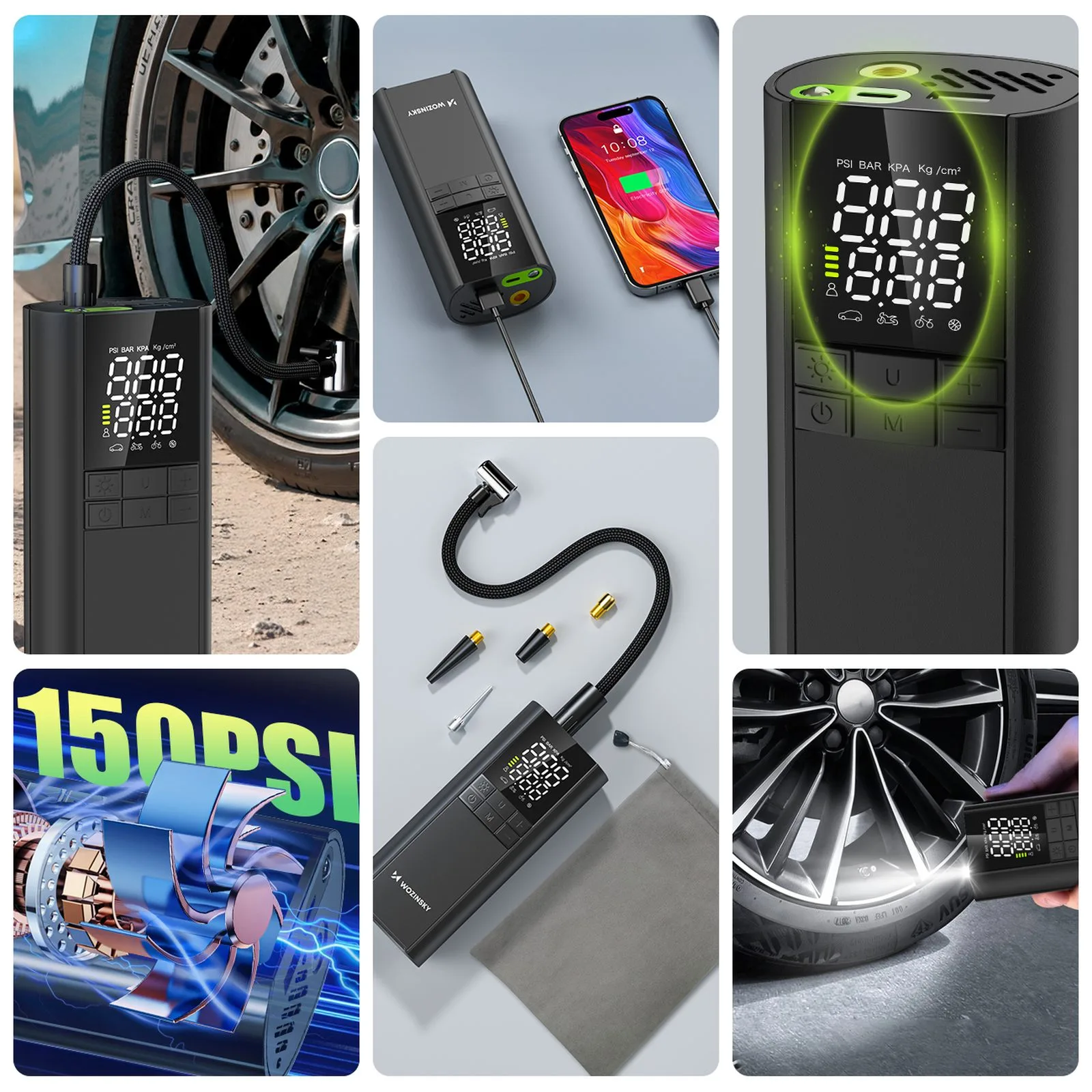 Kompresor pompka elektryczna powerbank latarka 150 PSI 8000mAh - czarny 9