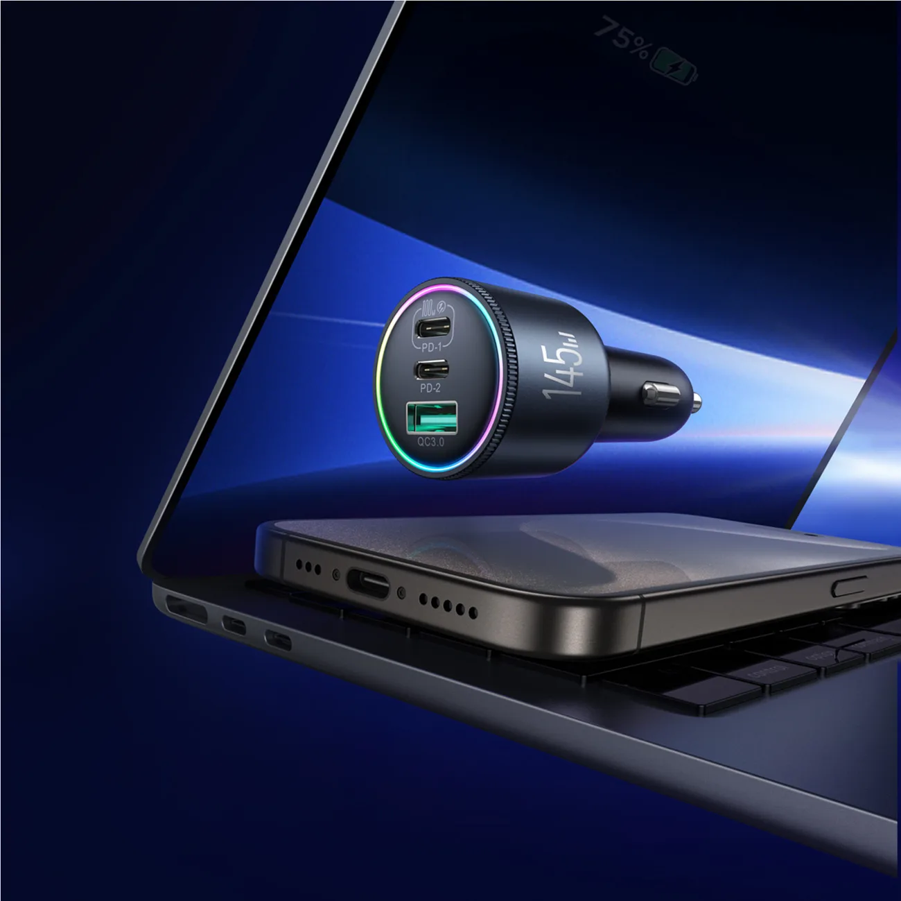 USB-A na USB-C automobilski punjač s kabelom, 145W - tamnosiva 6