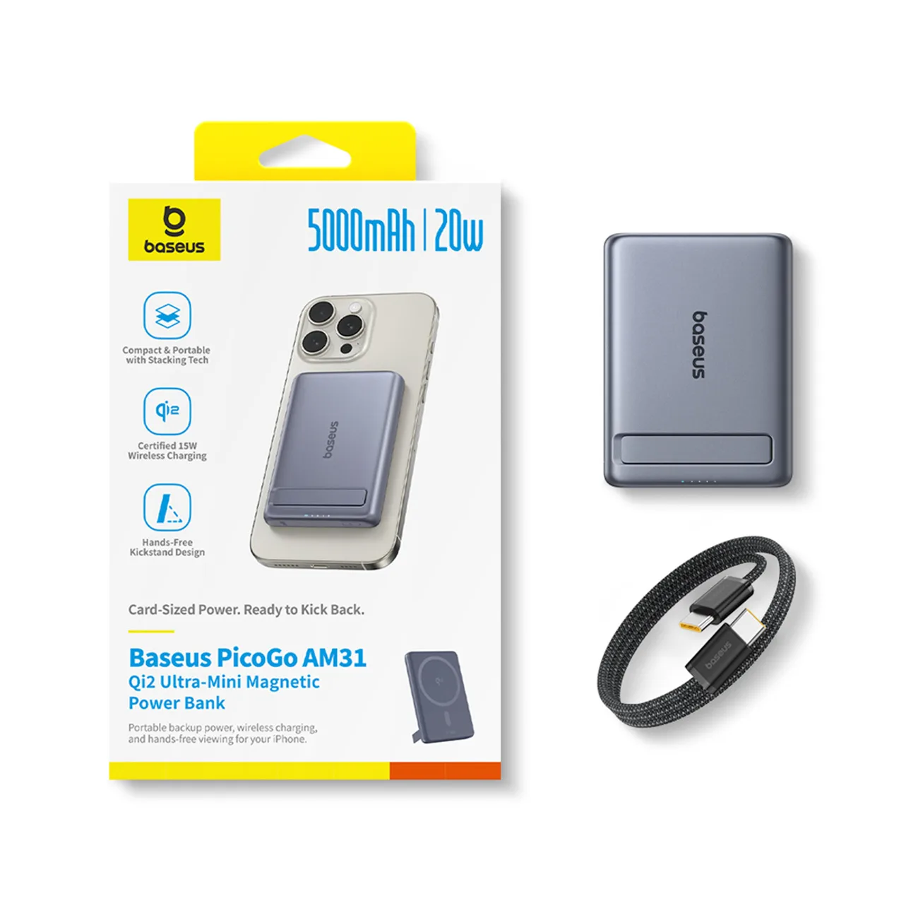 Powerbank ultracienki 5000mAh z podstawką kablem PicoGo AM31 Qi2 MagSafe 20W - szary 9