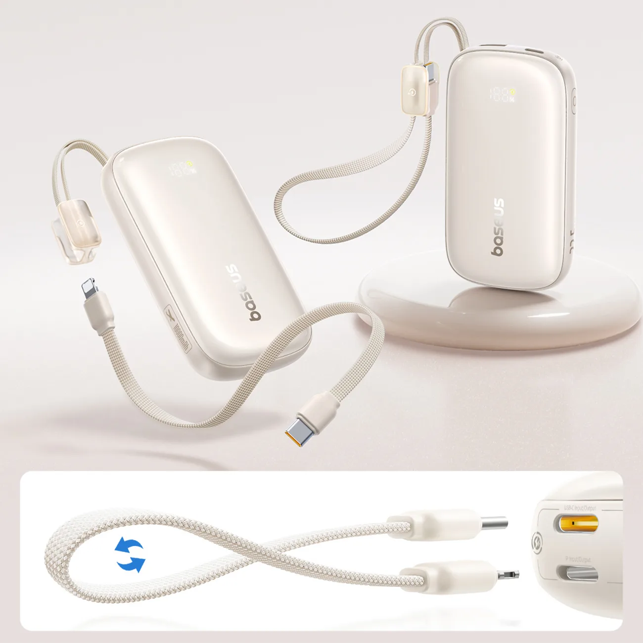Powerbank 10000mAh 22.5W z kablem smyczą EnerFill FC21 Qpow 3 Ultra - beżowy 4