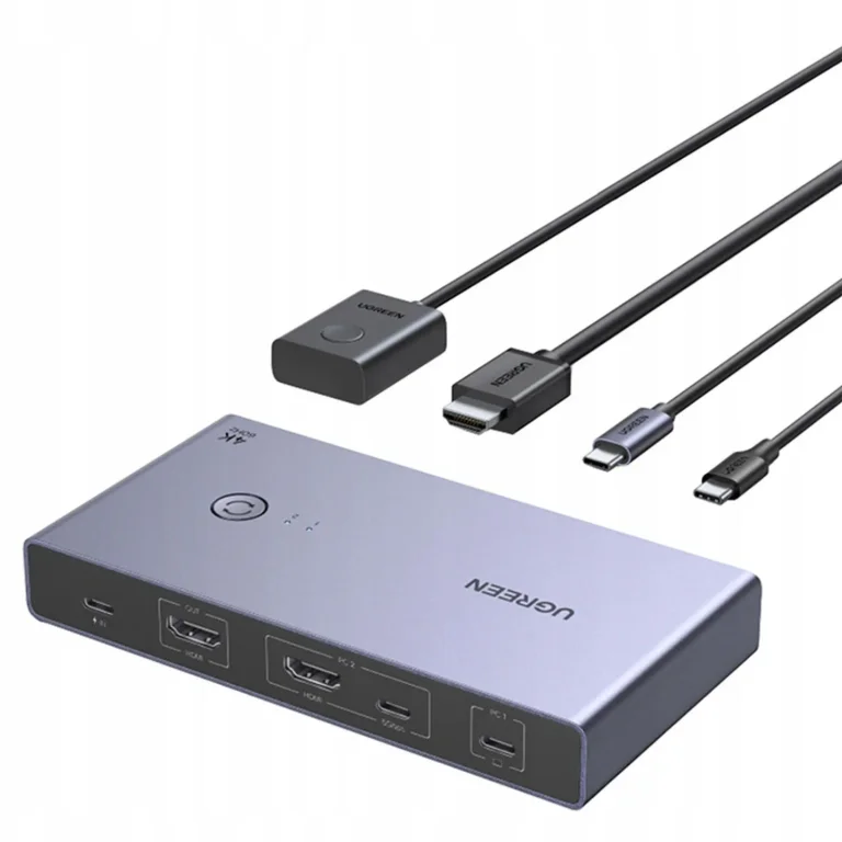 2 számítógépes, 1 monitoros KVM-kapcsoló USB-C és HDMI 4K 60 Hz csatlakozóval – szürke