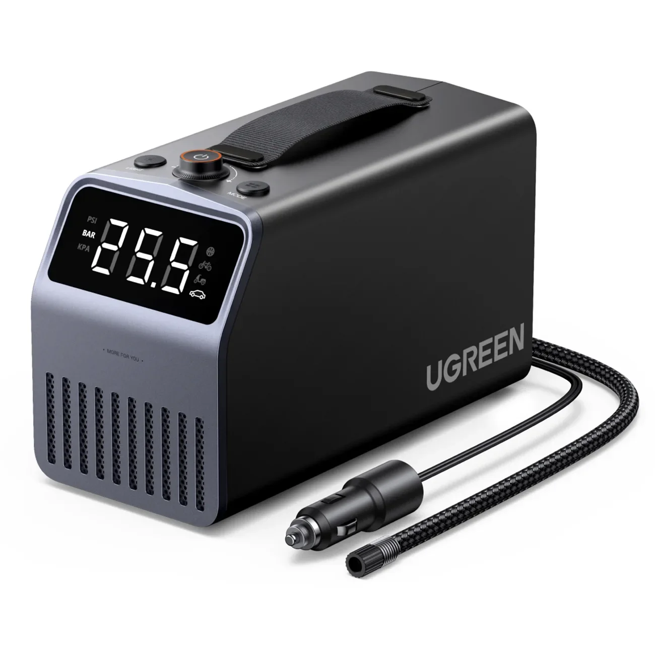 Elektrická pumpa na pneumatiky s displejom, 150 PSI, 3x4500mAh, 12V – sivá