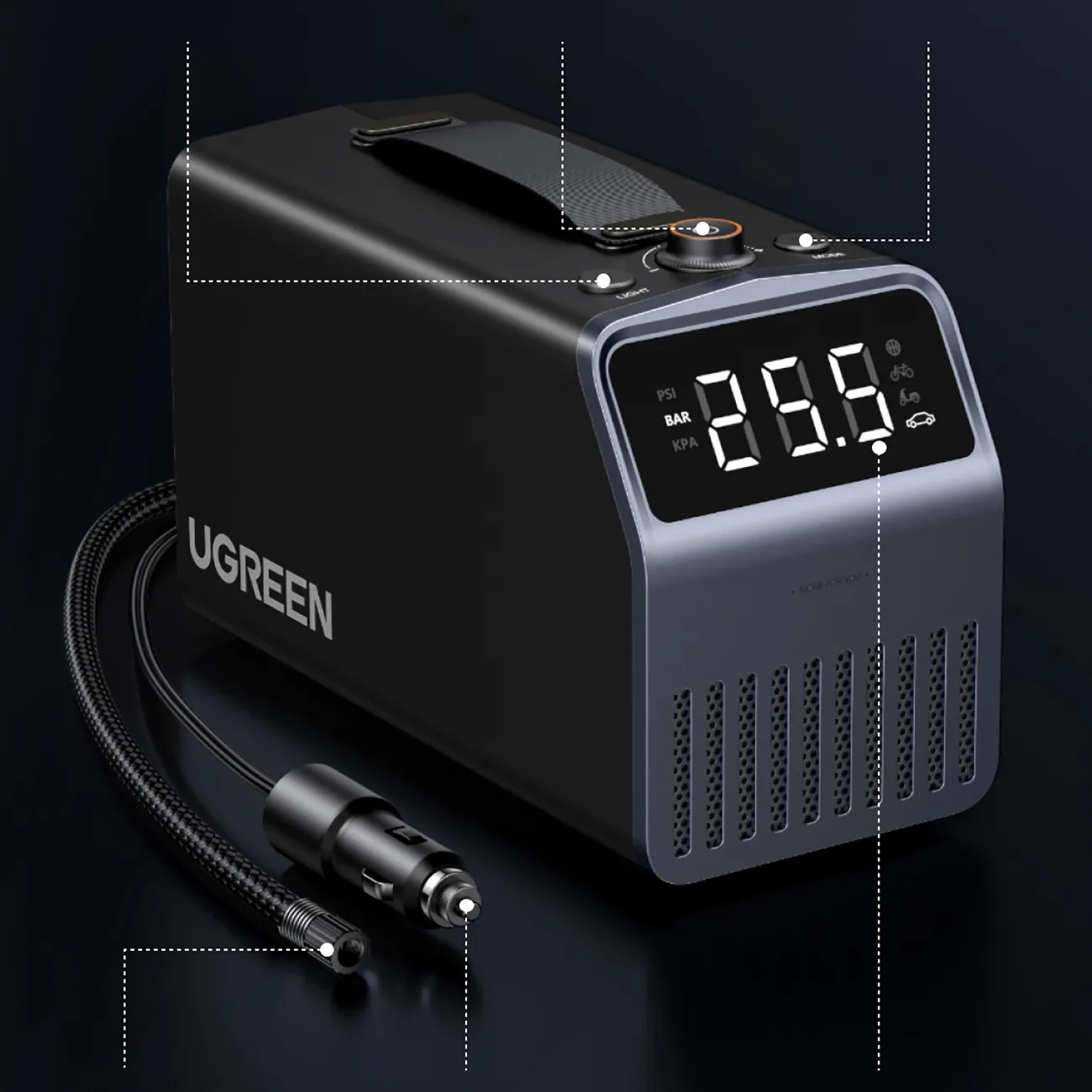 Elektromos autó gumiabroncs-felfújó kijelzővel, 150 PSI, 3x4500mAh, 12V - szürke 8