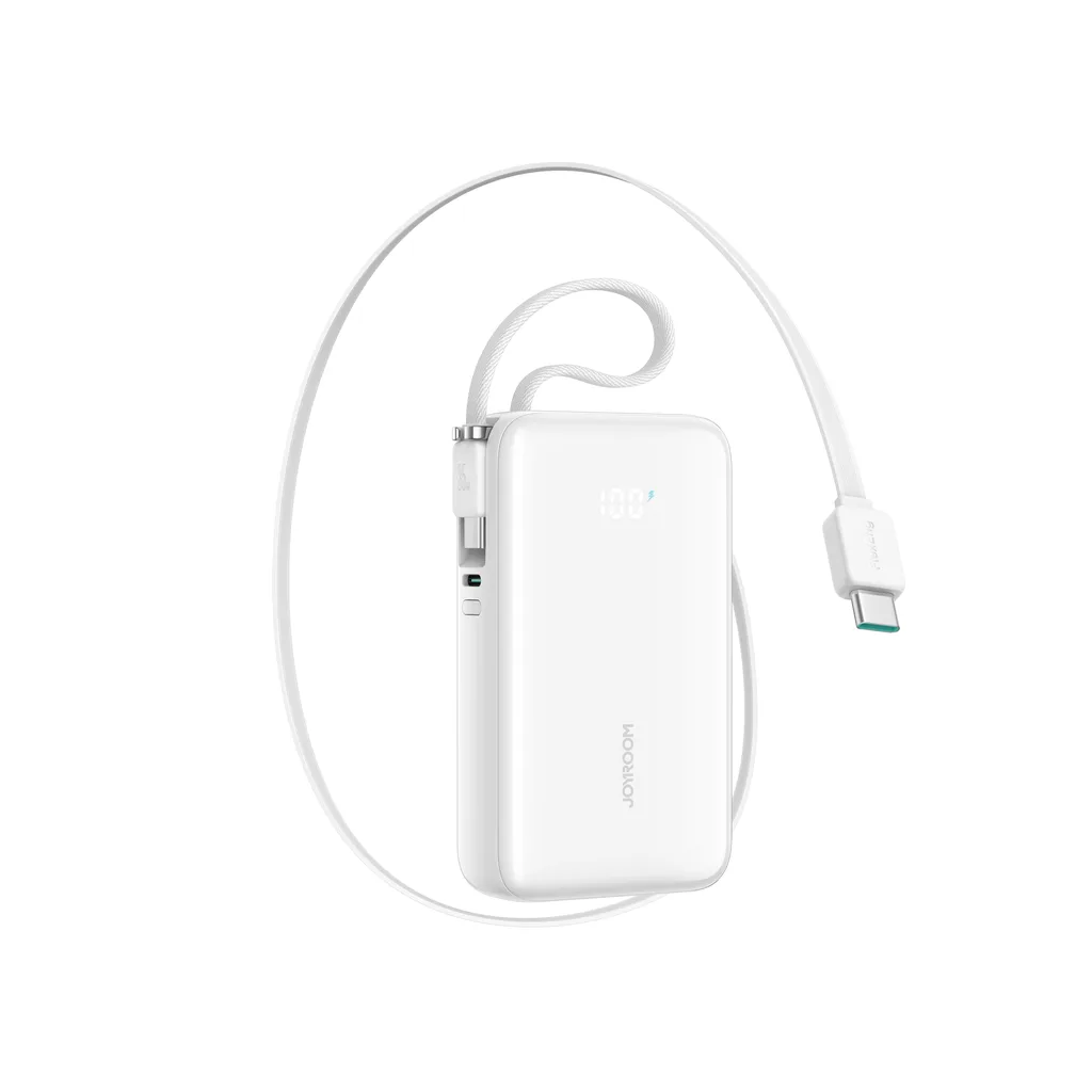 JR-PR2 10000 mAh-s, 35 W-os powerbank behúzható USB-C kábellel és iPhone Lightning kábellel – fehér