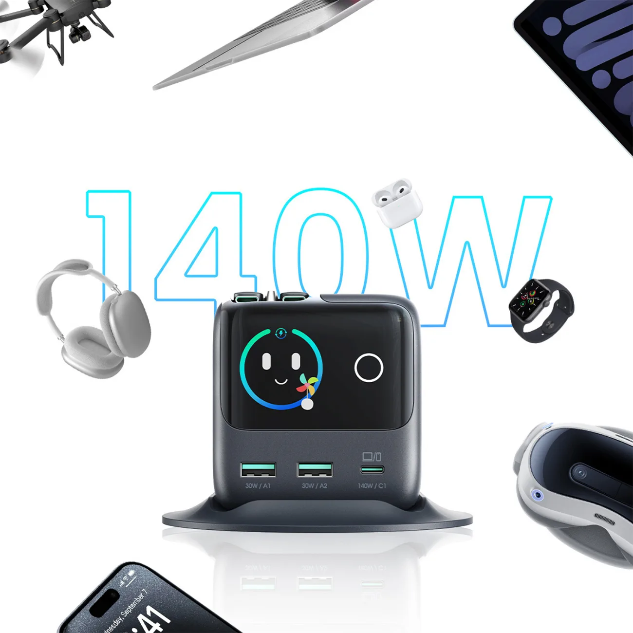 Ładowarka biurkowa 5 portów 2 zwijane kable GaN 140W - szara 7