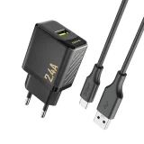 Ładowarka sieciowa USB-A z kablem USB-A - USB-C 2.4A GaN - czarna