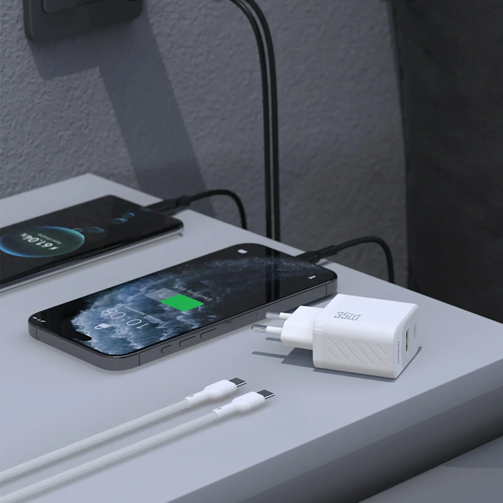 Nástenná nabíjačka USB-A na USB-C s káblom USB-C PD QC s výkonom 35 W – biela 3