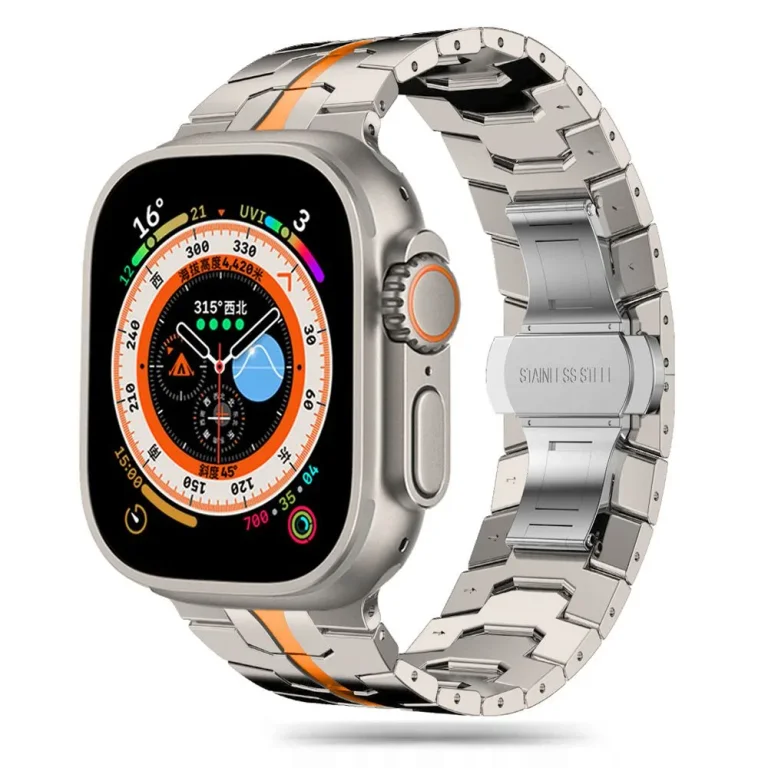 Acél karkötő Apple Watch 4 / 5 / 6 / 7 / 8 / 9 / SE / Ultra 1 / 2 modellekhez – titán-narancs