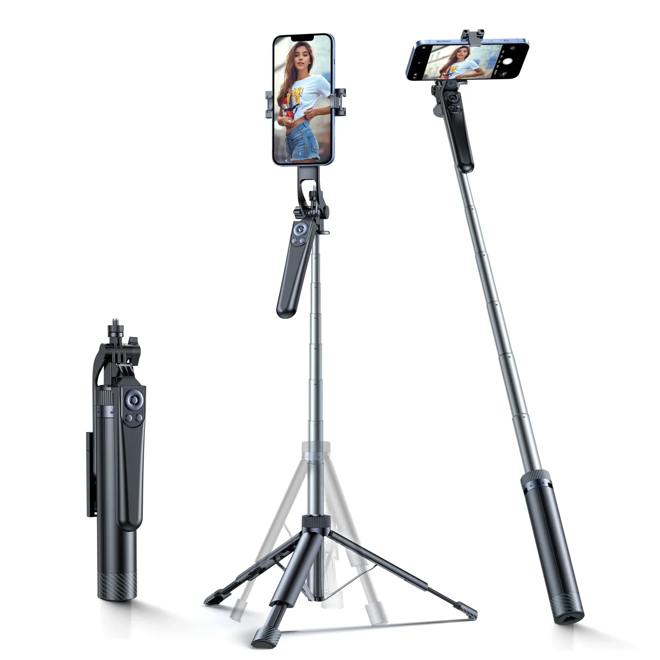 Selfie-bot okostelefon-tartóval, teleszkópos állvány 1,3 m – fekete