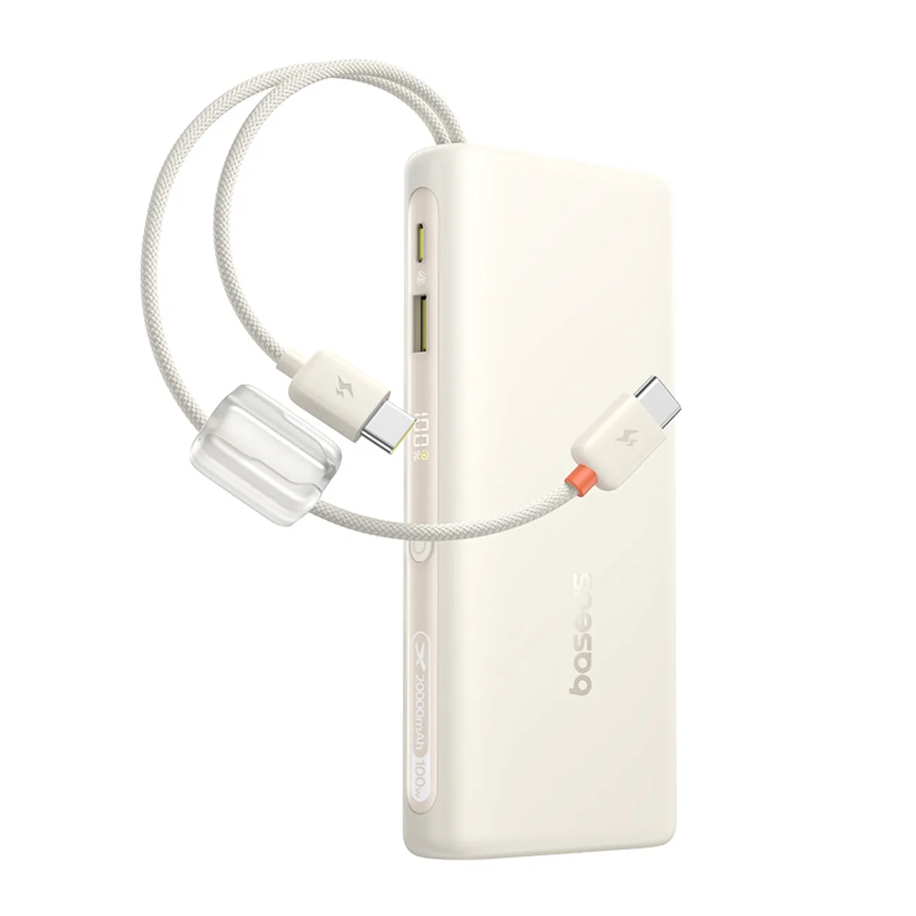 20000 mAh-s, 100 W-os powerbank kijelzővel és két USB-C kábellel – bézs