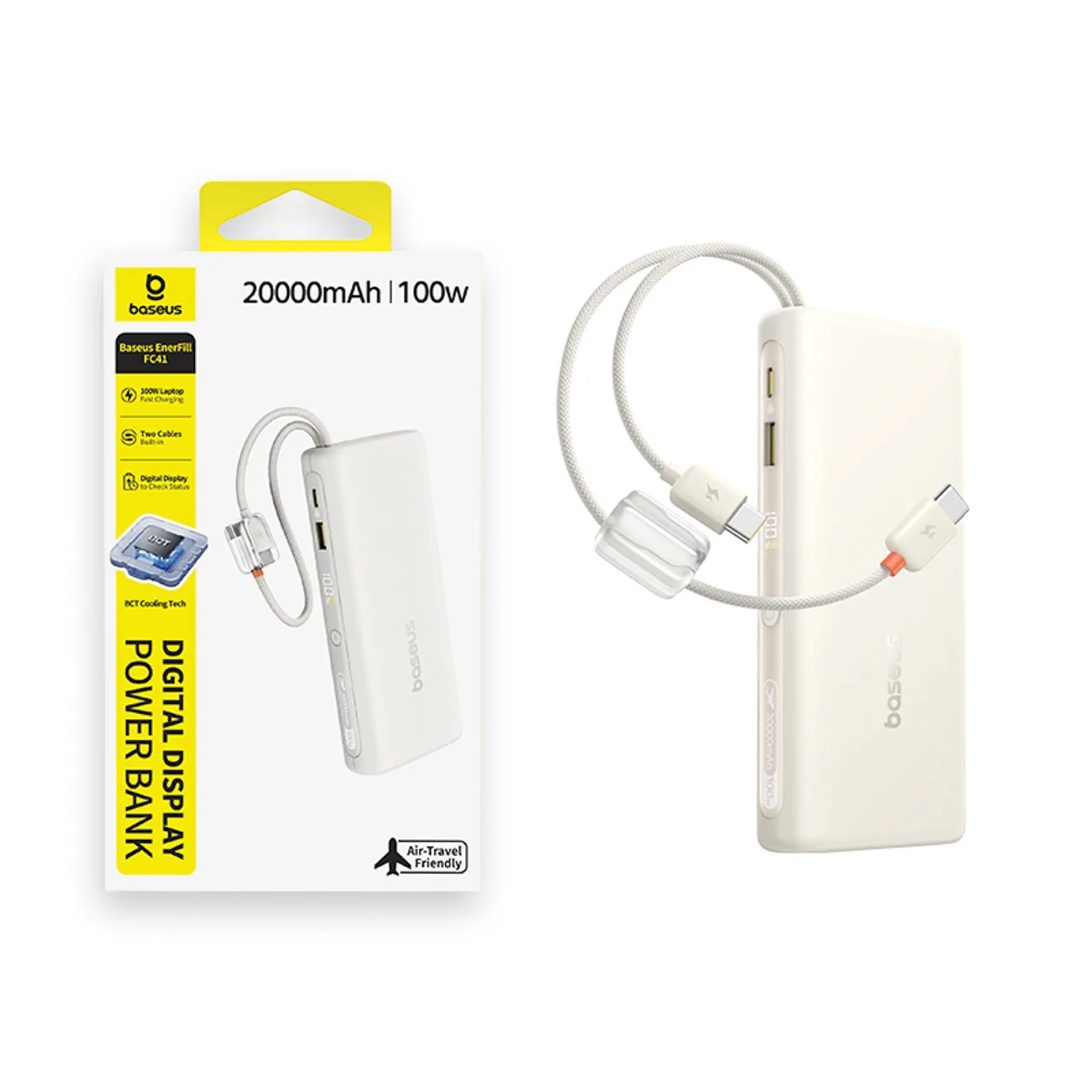 Powerbank 20000mAh 100W z wyświetlaczem dwoma kablami USB-C - beżowy 3
