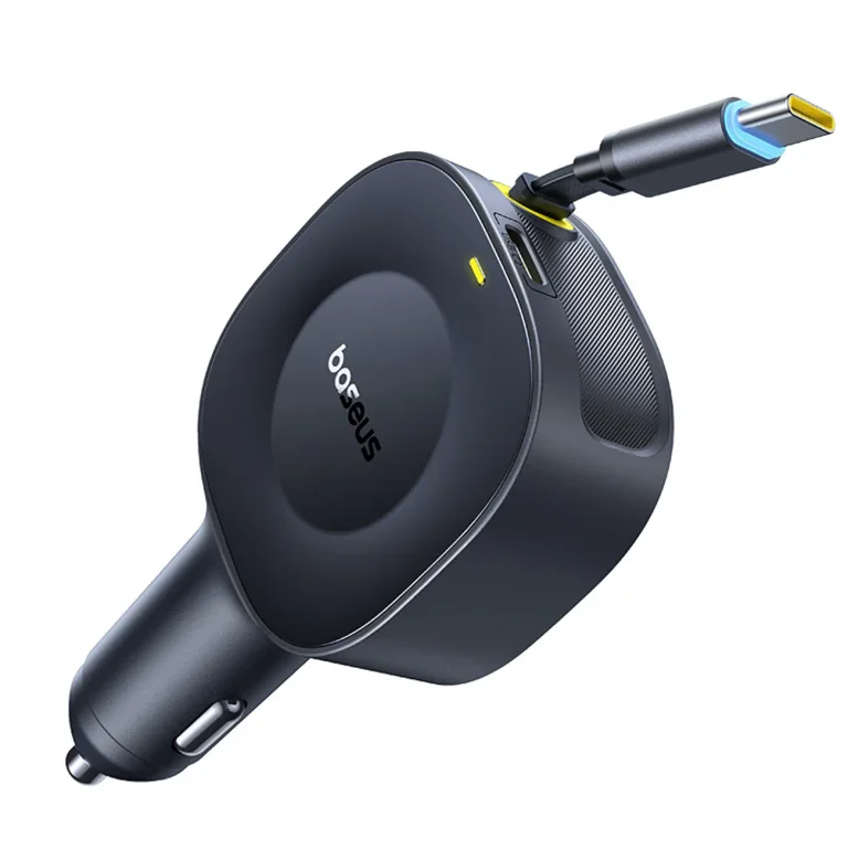 USB-C autós töltő behúzható USB-C kábellel, 30 W – fekete
