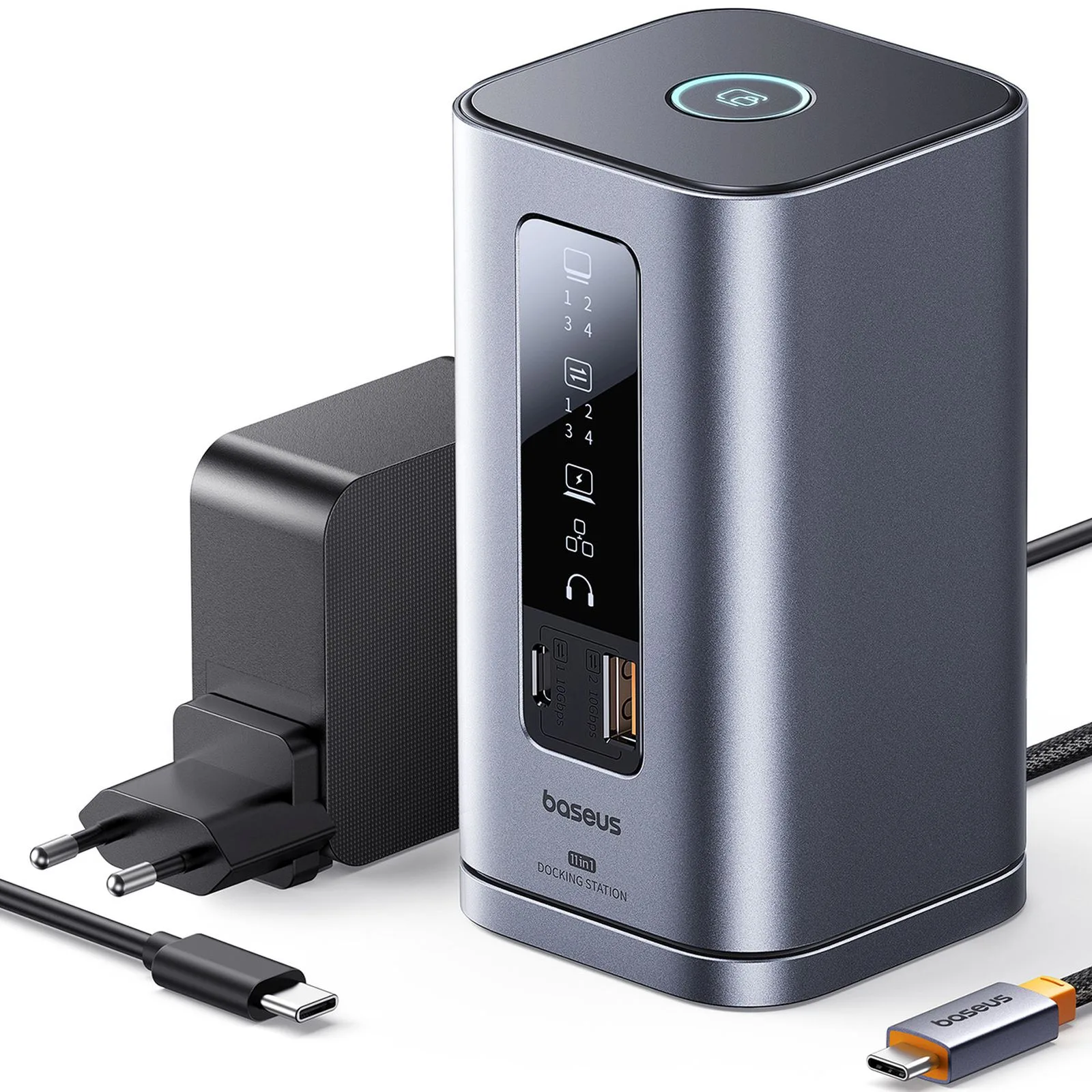 11 az 1-ben USB-C HDMI DP USB-A USB-C RJ45 PD 3,5 mm-es mini jack EU töltő dokkolóállomás – szürke