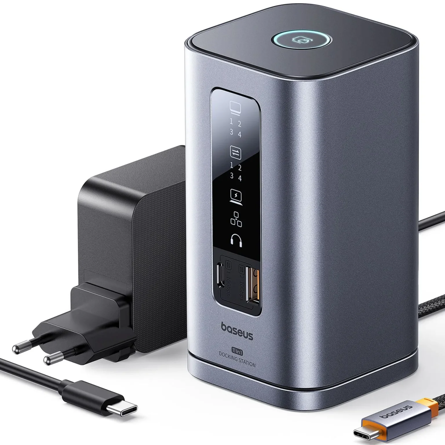 11 az 1-ben USB-C HDMI DP USB-A USB-C RJ45 PD 3,5 mm-es mini jack EU töltő dokkolóállomás – szürke