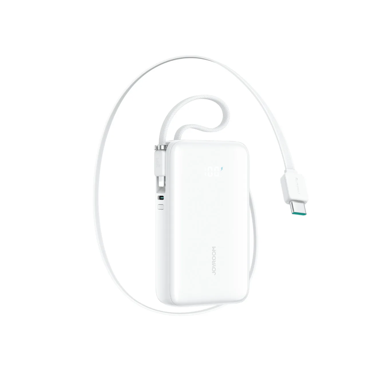 10000 mAh-s, 35 W-os power bank behúzható USB-C kábellel és Lightning nyakpántos kábellel – fehér