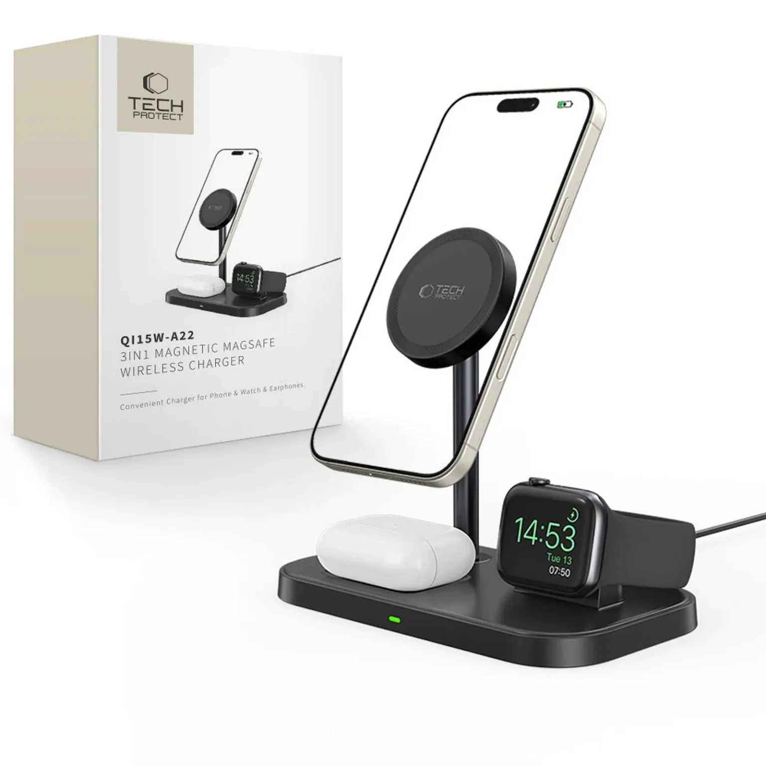3-u-1 bežični punjač s postoljem za pametni telefon, Apple Watch i AirPods MagSafe - crna 3-u-1 bežični punjač s postoljem za pametni telefon, Apple Watch i AirPods MagSafe - crna