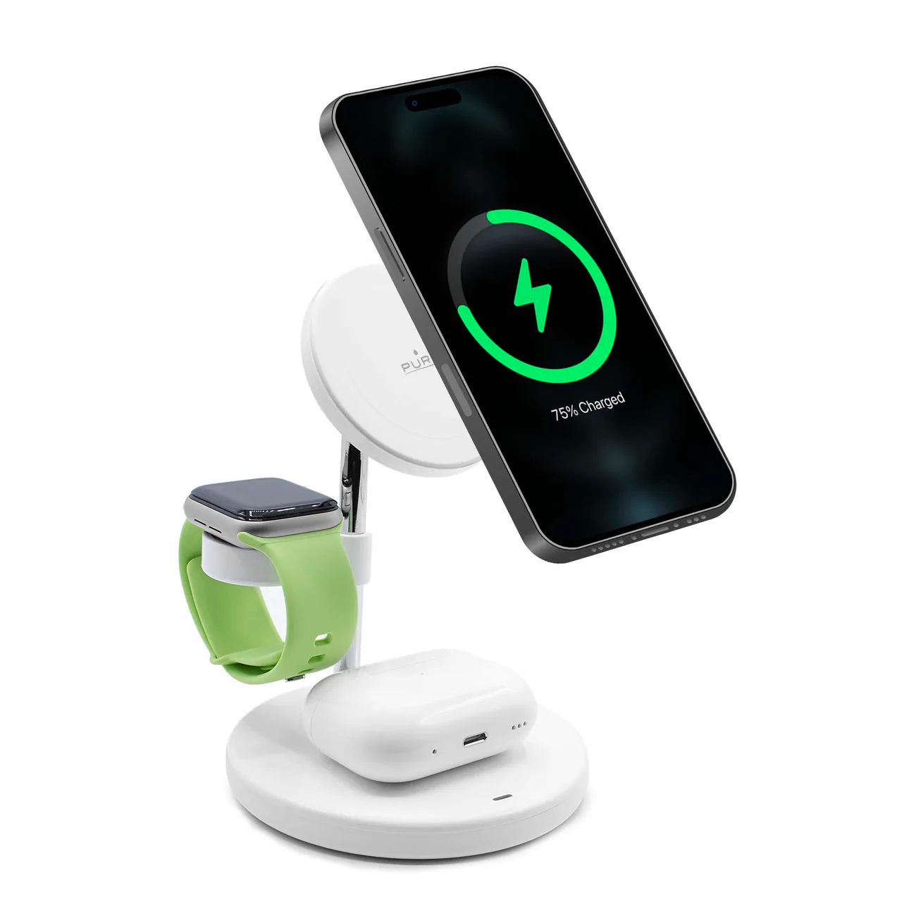 3 az 1-ben vezeték nélküli töltő iPhone- és AirPods-tartóval, USB-A – fehér