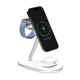 3 az 1-ben vezeték nélküli töltő telefonhoz, okosórához és fejhallgatóhoz Qi2 MagSafe – Fehér