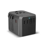 Cestovný adaptér pre zásuvky v EÚ, Veľkej Británii, USA a Austrálii s portmi USB-C a USB-A, GaN 70 W – čierny