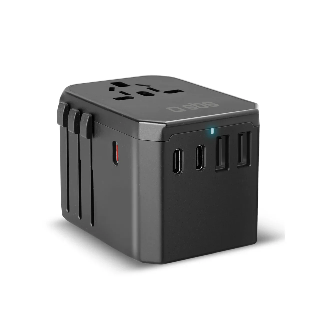 Cestovný adaptér pre zásuvky v EÚ, Veľkej Británii, USA a Austrálii s portmi USB-C a USB-A, GaN 70 W – čierny